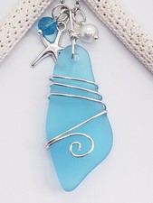 Sea Glass Necklace w/ X Large Cultured Aqua Blue Shard Pendant Wire Wrapped