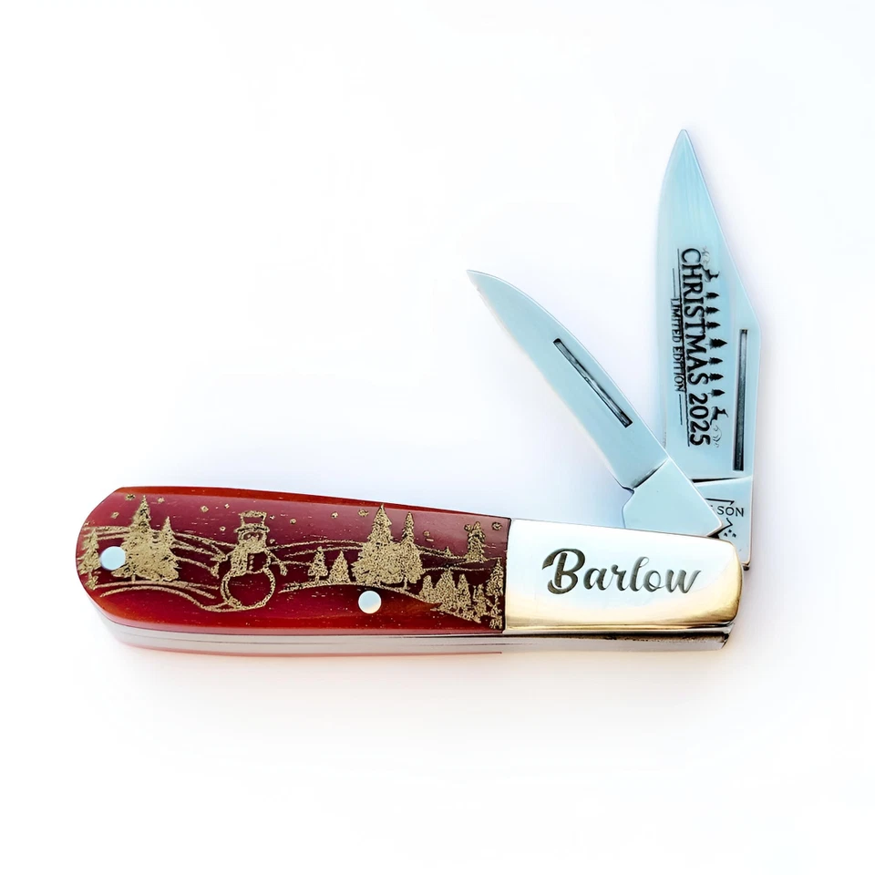 BEAR & SON CUTLERY USA CHRISTMAS GOLD SNOWMAN RED BONE BABY BARLOW KNIFE - Image 2 of 4