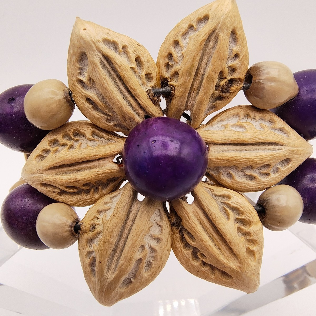 Hawaiian Style Flower Cuff Bracelet Natural Seed Pods Kukui Nut Purple Wood Bead View 2