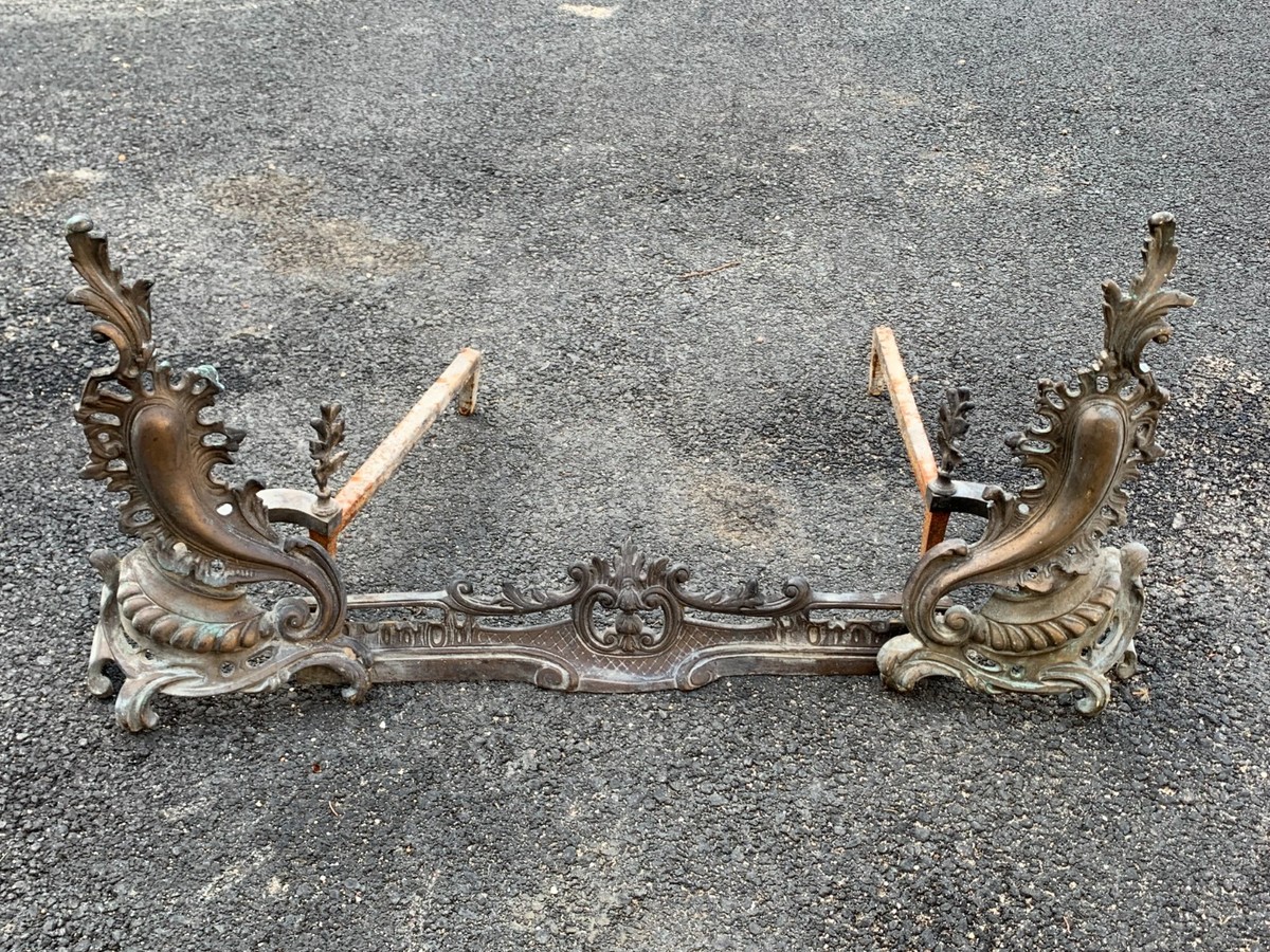Antique 3 Pc French Louis XV Patinated Brass Bronze Fireplace