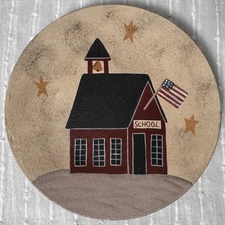 Signed Donna White Wooden Plate – Red Schoolhouse Folk Art – Primitive Americana