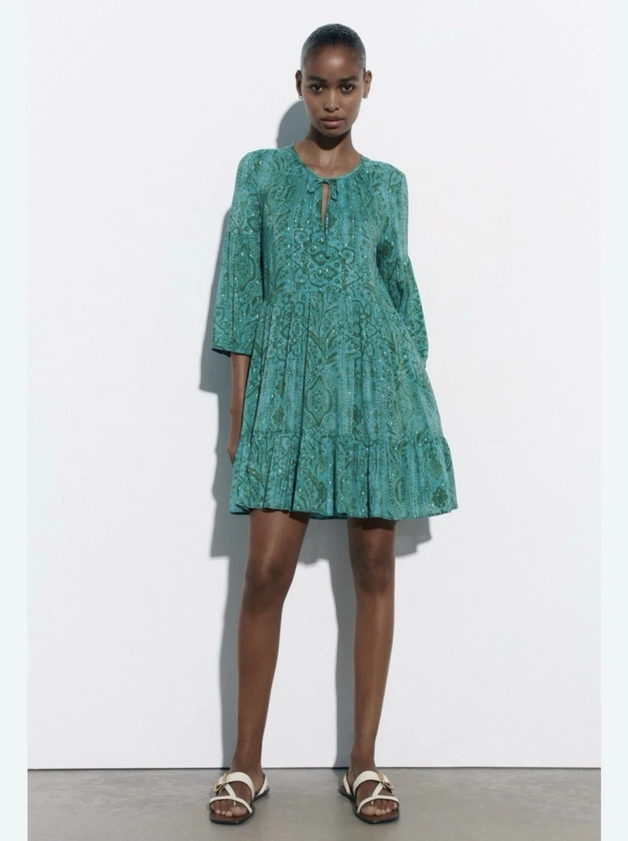 zara ruffled dotted mesh dress  6990/- Sizes:XS-XL MRP incl. of all taxes Model height: 179 cm Midi dress with a round neck, v-neck with lace trim and long sleeves. Elasticated waist Zara Women Dotted mesh dress