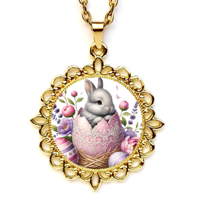 Easter Bunny With Flowers Bezel Pendant/Necklace Silver Gold Rose Gold Tone USA
