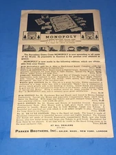 1936 Parker Bros Monopoly Board Game Short Game Rules