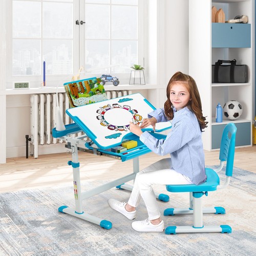 Kids Desk and Chair Set Height Adjustable Kids Study Table and Chair Set-Blue - Picture 4 of 12