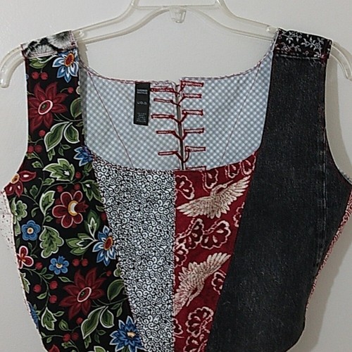Peasant Multicolor Patchwork Crop Top Size 2X Lace Up Back Hippie Boho - 第 2/8 張圖片