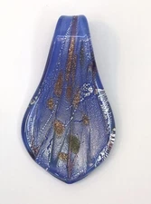 Blue Art Glass Slide Pendant Bead Leaf Teardrop Shape Silver & Copper Tone Green