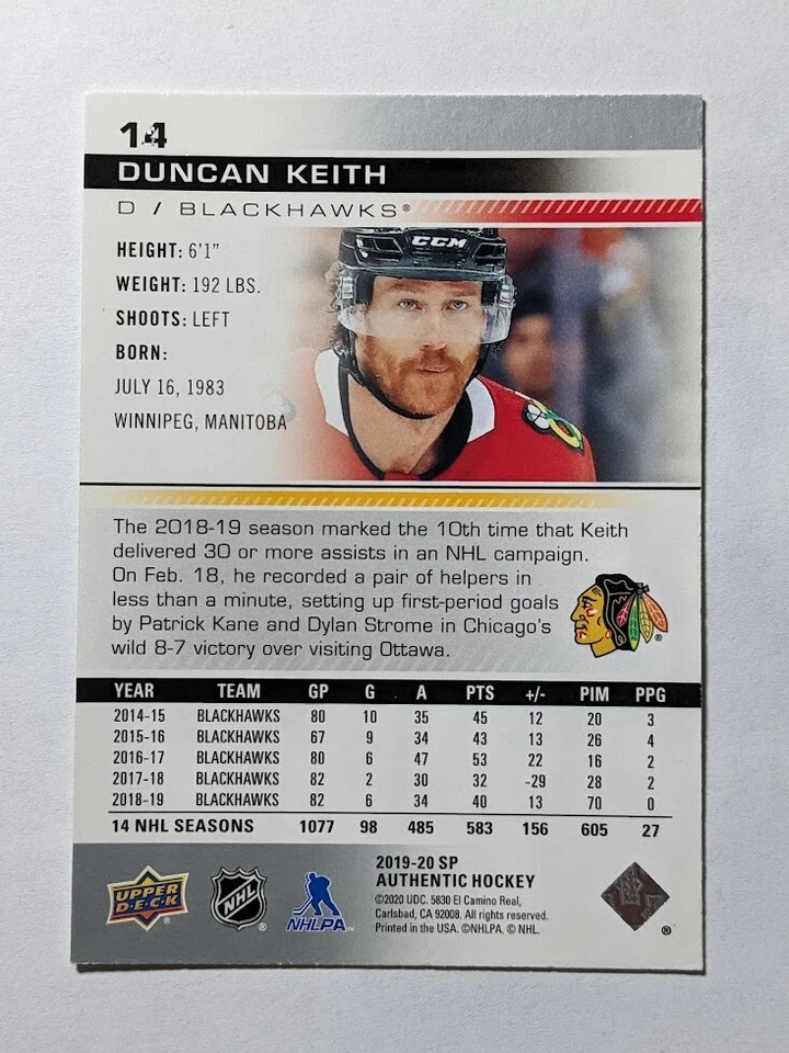 Duncan Keith #14 - 2019-20 SP Authentic - Base - Image 2 of 2