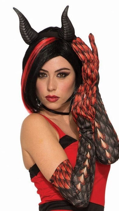 GUANTES LARGOS DEMONIO Adultos Rojo Negro Manga Brazo Calentadores Diablo Disfraz Monstruo Par Foto 2 de 4