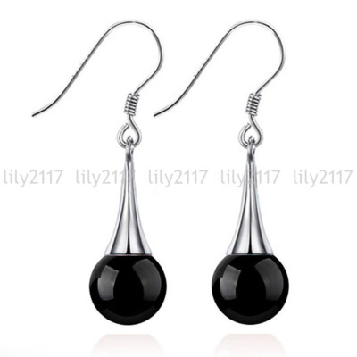 Natural 10mm Multicolor Jade Gemstone Round Bead 925 Silver Hook Dangle Earrings