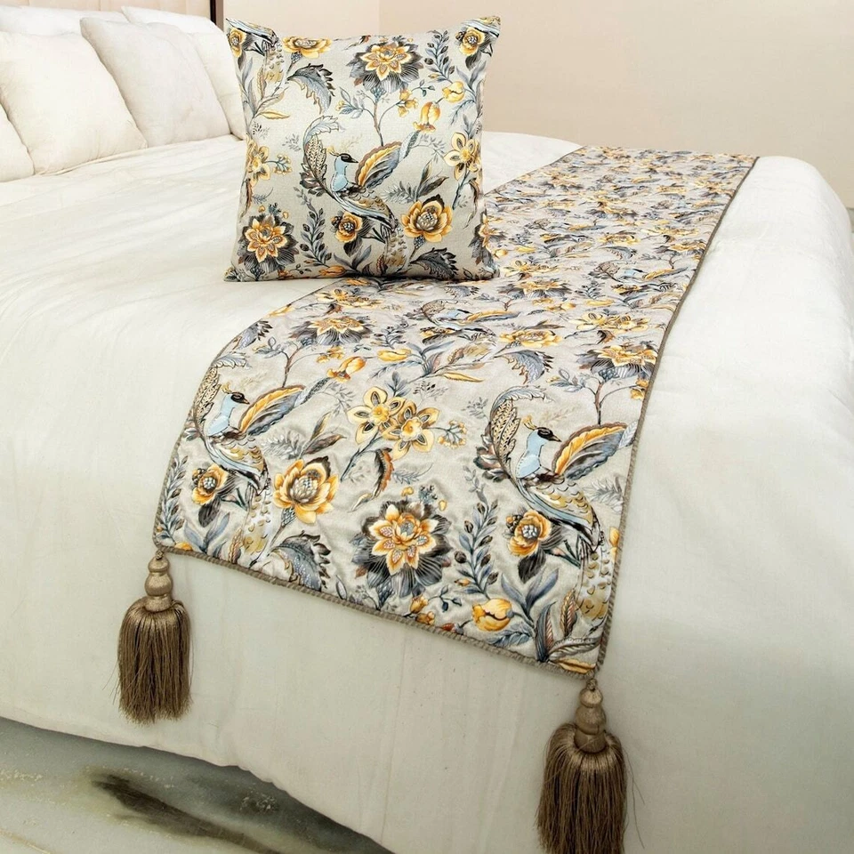 Cama Queen Decorativa Corredor Gris Amarillo Pavo Real, Borlas Acolchadas - Pavo Real Swag Foto 4 de 4