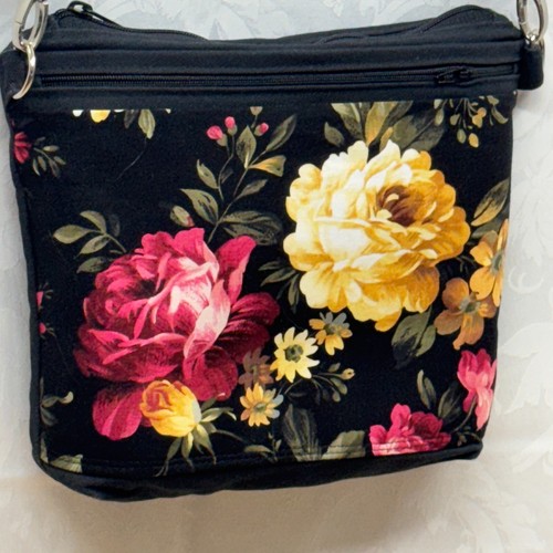 Roses Crossbody Purse Bag Handmade Fabric Canavs Bag Adjustable Strap Black - Picture 8 of 8
