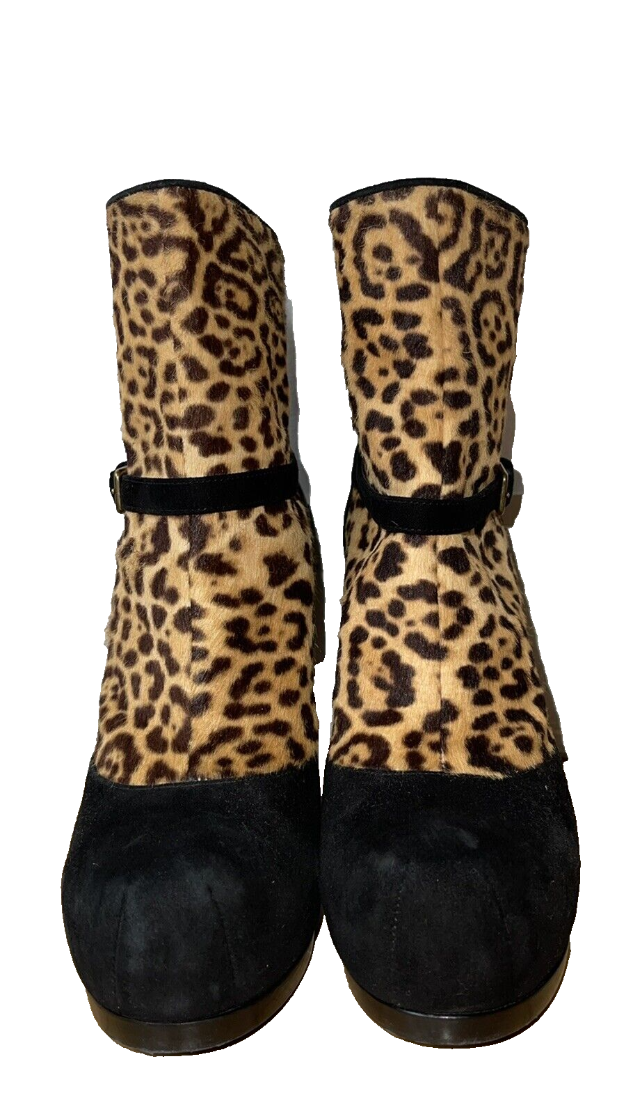 SAINT LAURENT YSL PELLE SCAMOSCIATA NERA TACCO A STILETTO TRIBUTO STAMPA LEOPARDATA PLATEAU MISURA 4