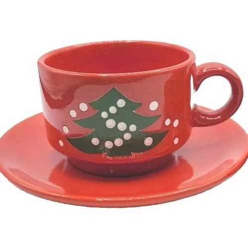 Waechtersbach Christmas Tree Holiday Red 6 oz Cup & Saucer Vintage W. Germany 