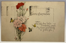 Happy Birthday Poem, Butterflies, Flowers, Vintage Greeting Postcard