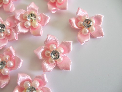 OFFRAY PINK SATIN RIBBON FLOWER WITH PEARLS DIAMONDS -  3/4 INCH - 14 PIECE - Picture 1 of 2