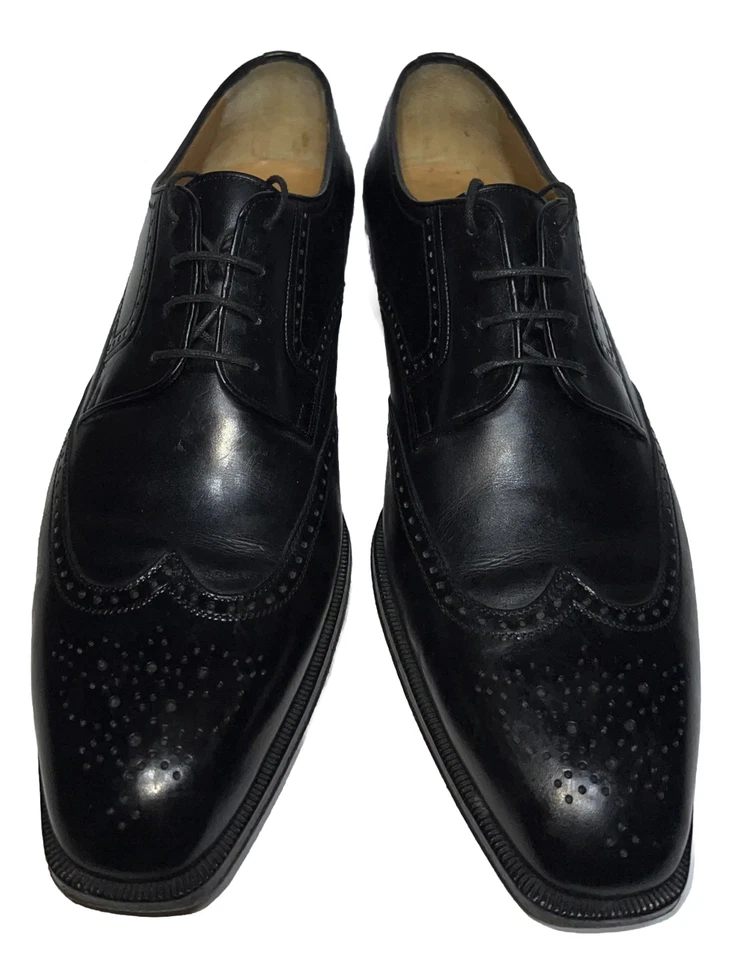 A Testoni size 9 black wingtip dress shoes oxford business wedding formal dress - Image 2 of 4