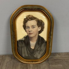 Antique Framed Bubble Glass Oval Hand Colored Woman Portrait 1940s 18x12"