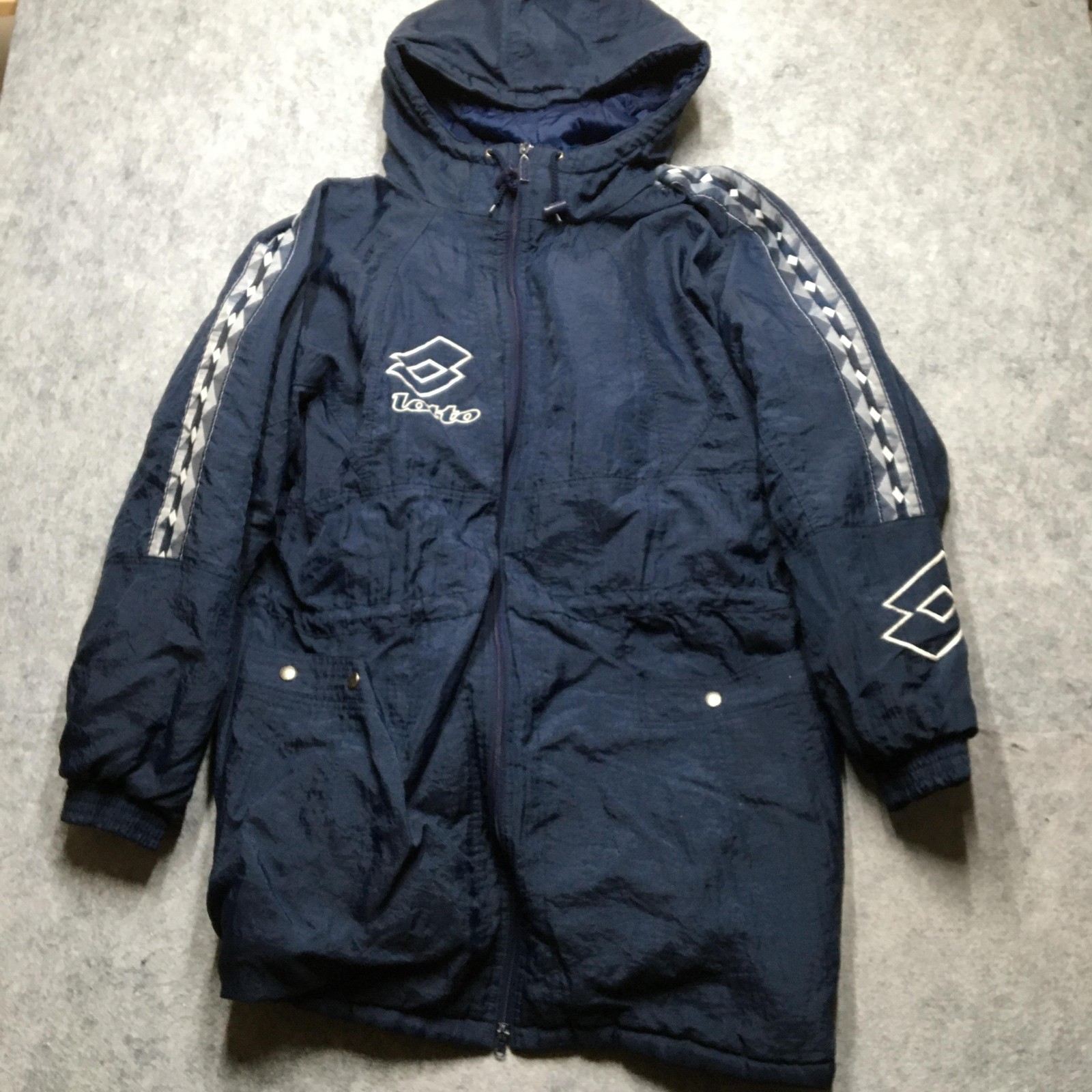Vintage Lotto Calcio Italia Jacket Mens XL Blue Hooded Soccer Bench Coat
