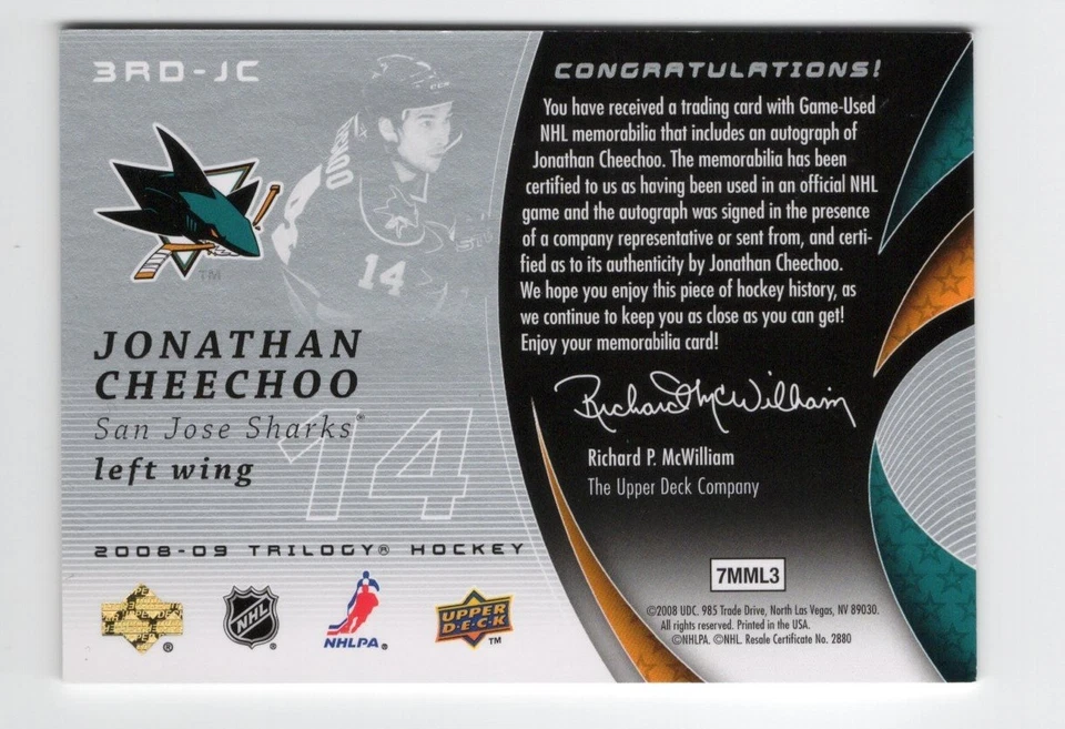 2008-09 Upper Deck Trilogy Scripted Swatches Auto Jersey Jonathan Cheechoo /100 - Image 2 of 2