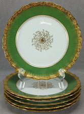 Set of 6 Straus Limoges Green & Gold Encrusted 8 1/2 Inch Plates Circa 1890-1920
