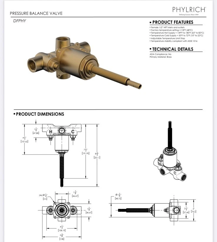 Phylrich DFPHY 1/2" Válvula de Equilibrio de Presión de Latón Anti-Escalmas, NUEVA Foto 2 de 2