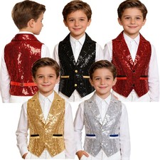 Kids Boys Waistcoat Sequin Tank Top Jazz Vest Dress-Up V Neck Costume Glittery