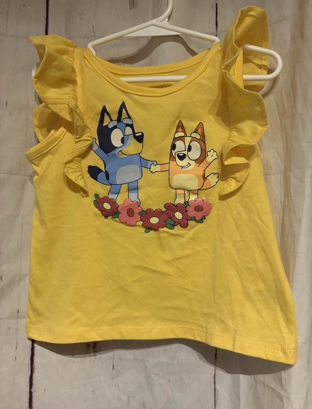 Bluey, Yellow Ruffle Sleeveless T-Shirt with Bluey & Bingo Graphic, Size 4T