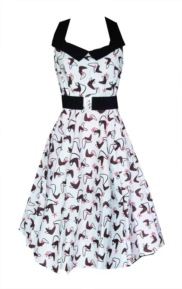 OFF WHITE ABITO SWING CREMA taglia 8 fantasia retrò anni 50 bianco sporco collo alto MISS FORTUNE