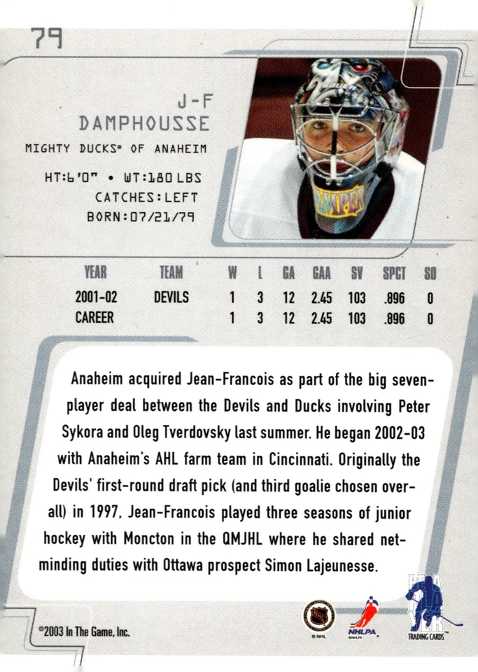 J_F Damphousse - Signed 2002-03 In The Game Between The Pipes Prospects Card #79 - Image 2 of 2
