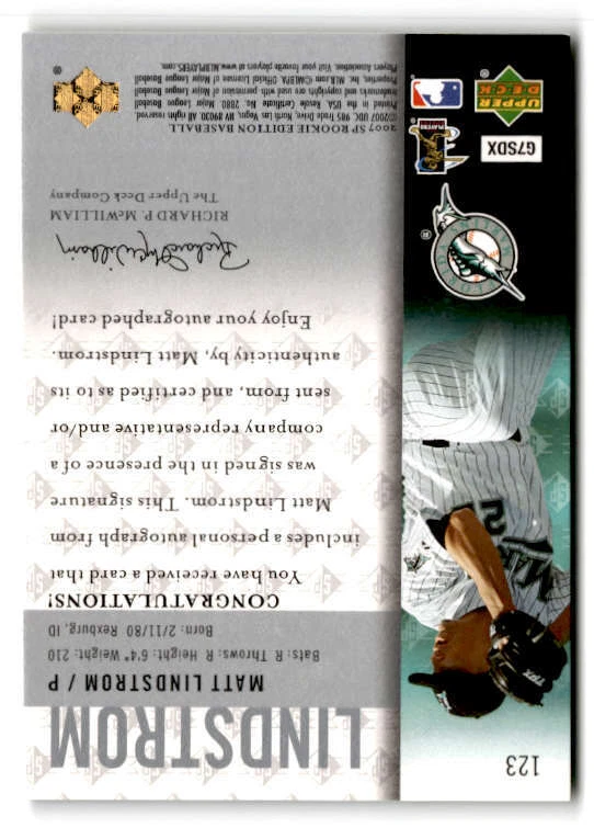 2007 SP Rookie Edition AUTO #123 Matt Lindstrom (ref 205557) - Image 2 of 2