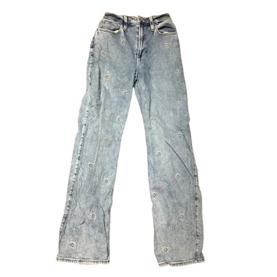 Hollister Women's Blue Jeans with Flower Embroidery Size 00R W24R Y2K Streetwear