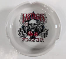 Las Vegas Player Ashtray Cigarette Ceramic Skull Bones Flames Money