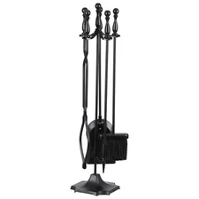 5PCS Fireplace Tools Wrought Iron Large Fire Tool Set and Holder w/Black Handles