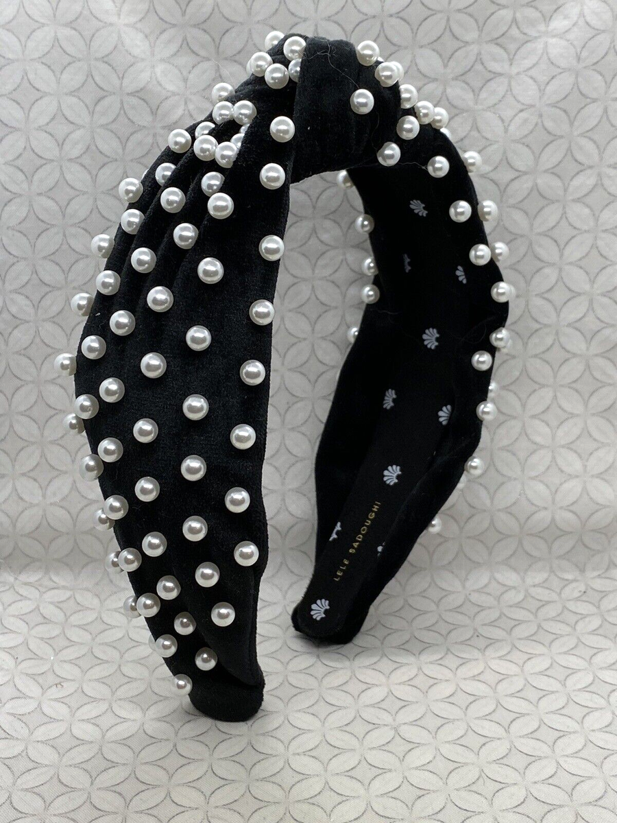 Lele Sadoughi Jet Black Faux Pearl Knotted Velvet Headband  display picture 1