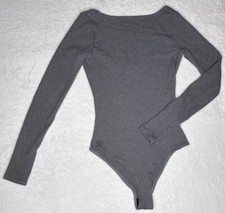 REFORMATION JEANS Long Sleeve Ribbed Gray Bodysuit Women XS Boat Neck Scoop Back