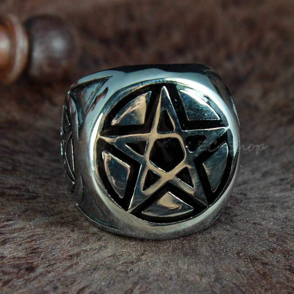 316L Stainless Steel Men's Wicca Pentagram Ring - Gothic Biker Style, Satanic Symbol Jewelry