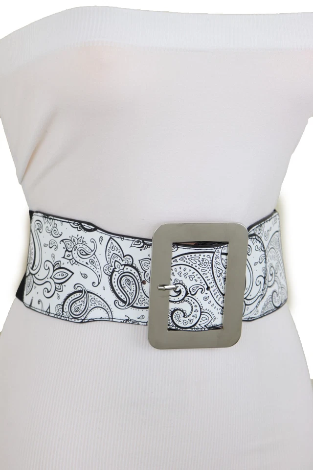 Женщин широкий белый эластичный высокая талия бедра моды ремень черный пейсли печать подходит S M - Изображение 2 из 4