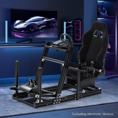 Supllueer 4080 Aluminum Racing Sim Cockpit & Black Seat Fit Logitech MOZA R5 R9