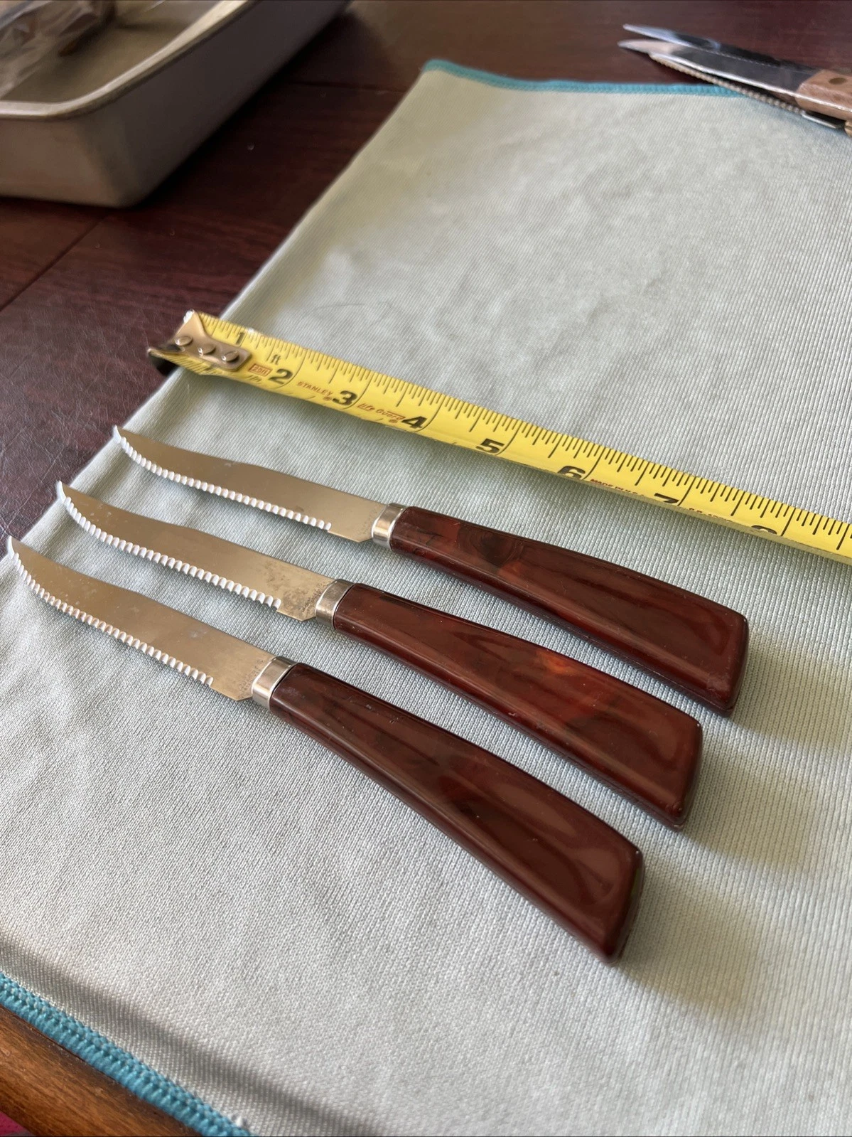 Vtg Quikut Steak Knives Set Of 3 Serrated Stainless Steel Brown Handle MCM Retro