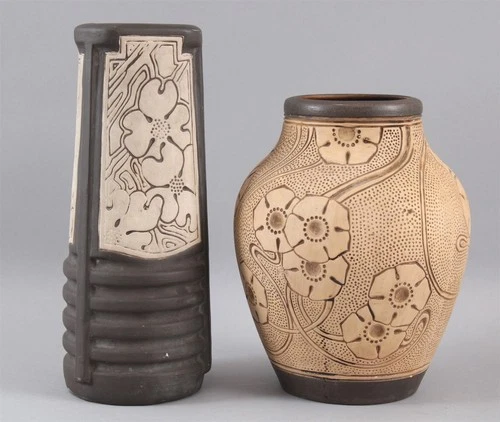 2 Antique WELLER Art Pottery BURNTWOOD Pattern Claywood Floral Vases, NO RESERVE