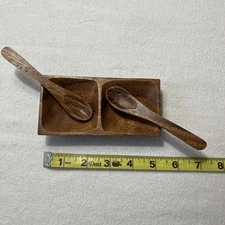Acacia Wood Two Section Divided Sauce Dish With 2 Serving Spoons 5 X 2.5 Inches
