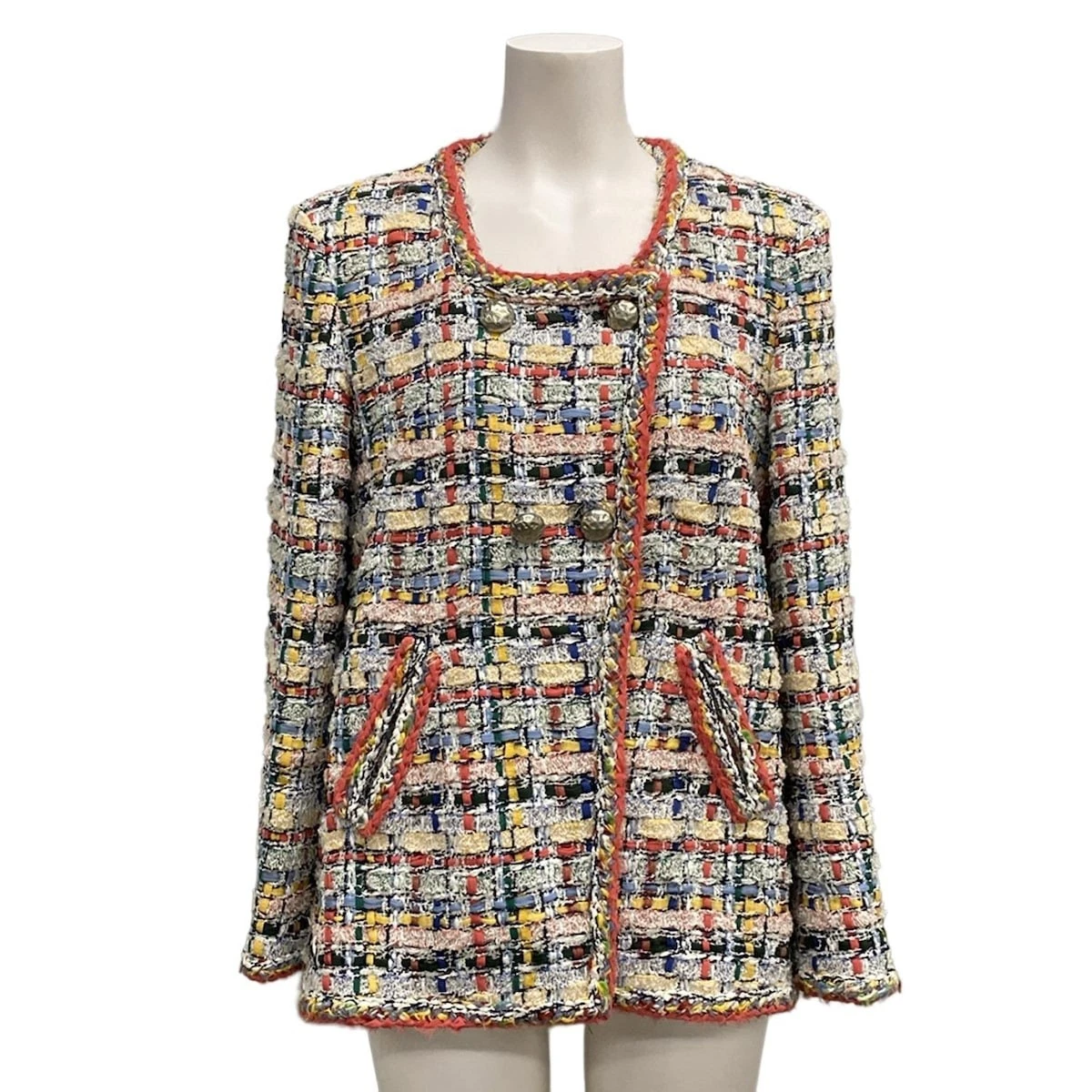 Giacca donna originale CHANEL P51001 bianco rosa multi cotone nylon