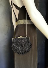 VTG Beaded Clamshell Cocktail Purse Handbag Clutch Black  Gold Art Deco Retro