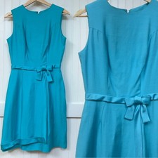 Vtg Mod Retro Dress Turquoise Sheath Prom Hoco Sleeveless Bow Belt Junior's S