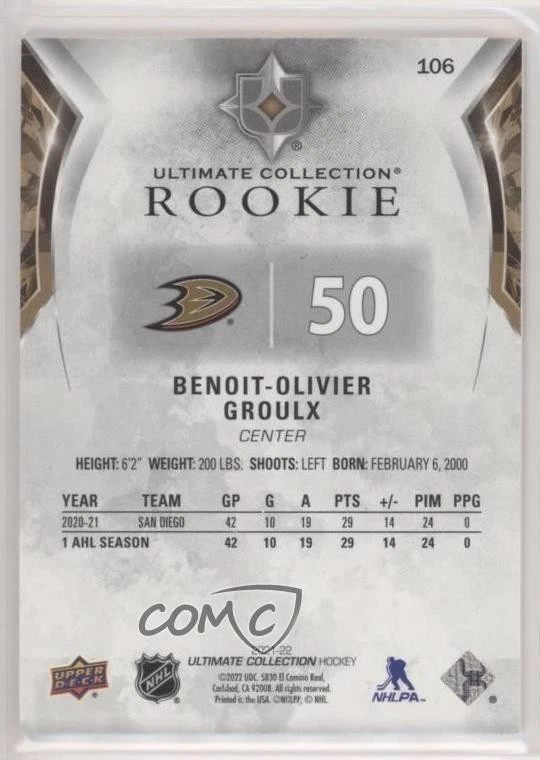 2021 Upper Deck Ultimate Collection Rookies /299 Benoit-Olivier Groulx Rookie RC - Image 2 of 2