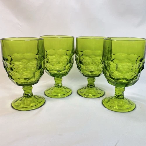 (4) Iced Tea Goblets, Georgian Green By Viking Glass, Vintage MCM