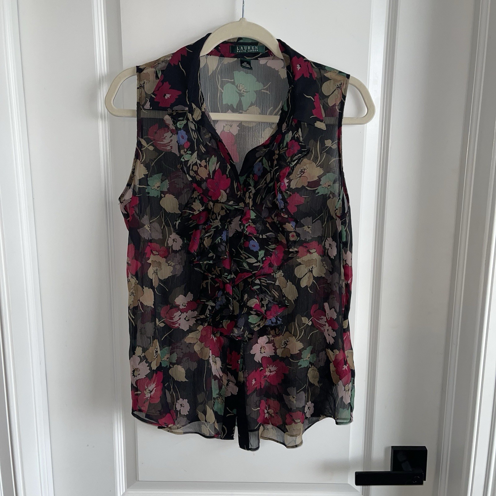 Lauren Ralph Lauren Floral Ruffle Blouse Sheer Sleeveless Black Pink Size 12