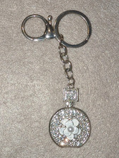 Silver Tone Floral Flower Rhinestone Charm Key Chain Keyring w/ Lobster Clasp