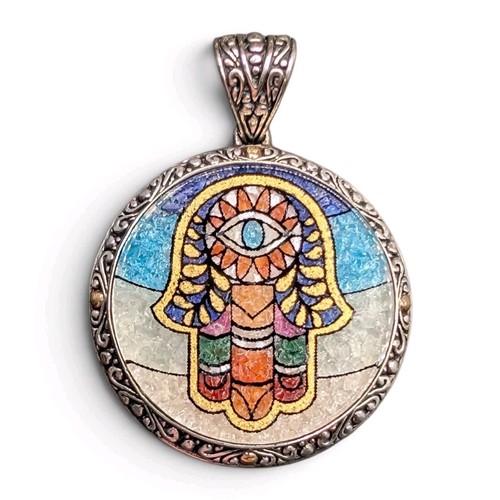 Samuel B Sterling Silver 18k Gold Bali Micro Mosaic Hamsa Evil Eye Round Pendant - Afbeelding 1 van 12